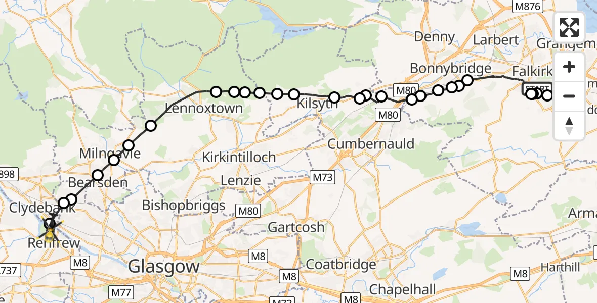 Flight route Police Helicopter Falkirk - Renfrew, 27 July 2026, 10:58