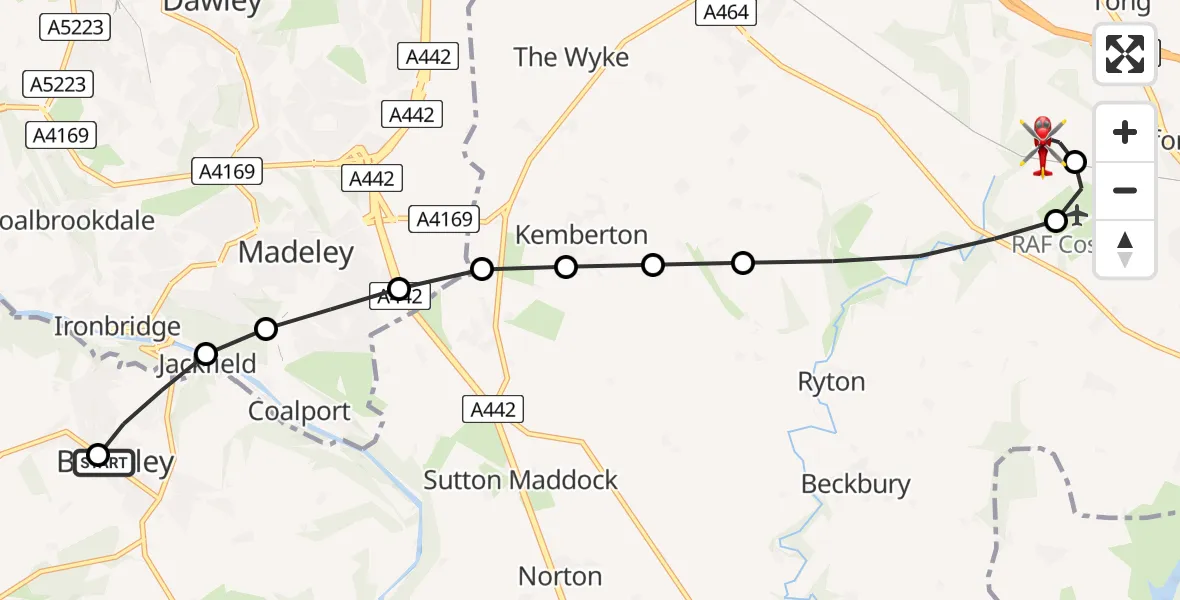 Flight route Air Ambulance Helicopter Broseley - Cosford, 27 July 2026, 11:04