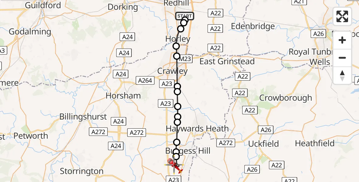 Flight route Air Ambulance Helicopter Redhill Aerodrome - Hurstpierpoint, 27 July 2026, 11:06