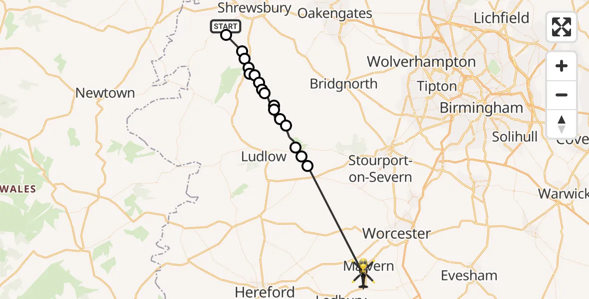 Flight route Police Helicopter Plealey - Colwall Stone, 27 July 2026, 11:10