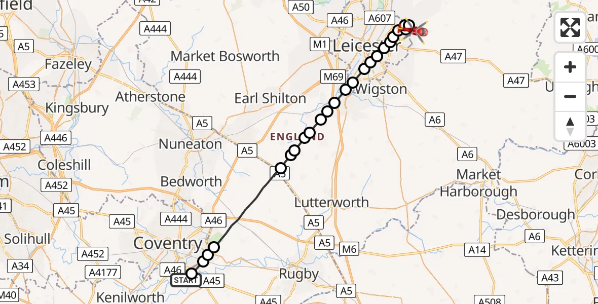 Flight route Air Ambulance Helicopter Coventry Airport - Scraptoft, 27 July 2026, 11:12