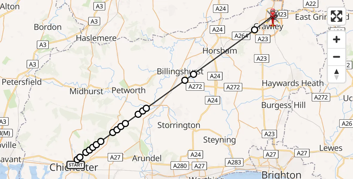 Flight route Air Ambulance Helicopter Chichester - Crawley, 27 July 2026, 11:15