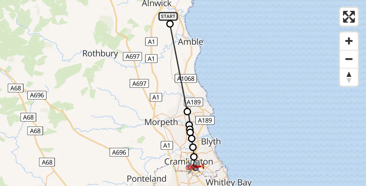 Flight route Air Ambulance Helicopter Lesbury - Cramlington, 27 July 2026, 11:21