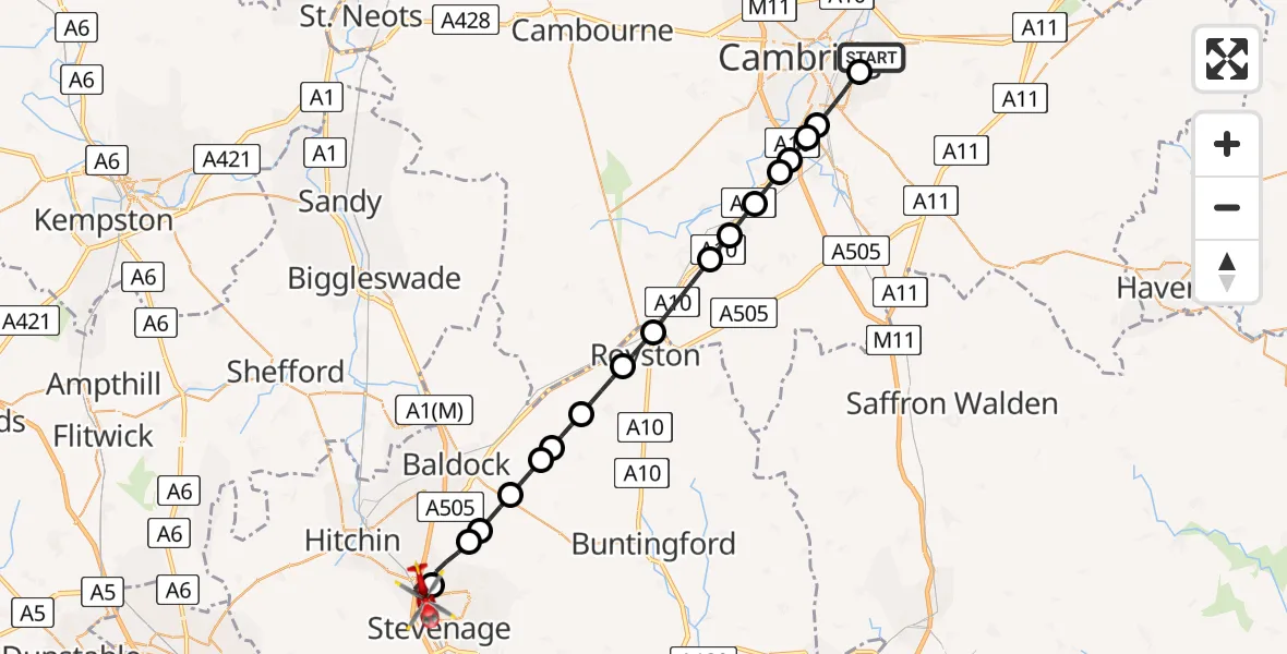 Flight route Air Ambulance Helicopter Cambridge City Airport - Stevenage, 27 July 2026, 11:24