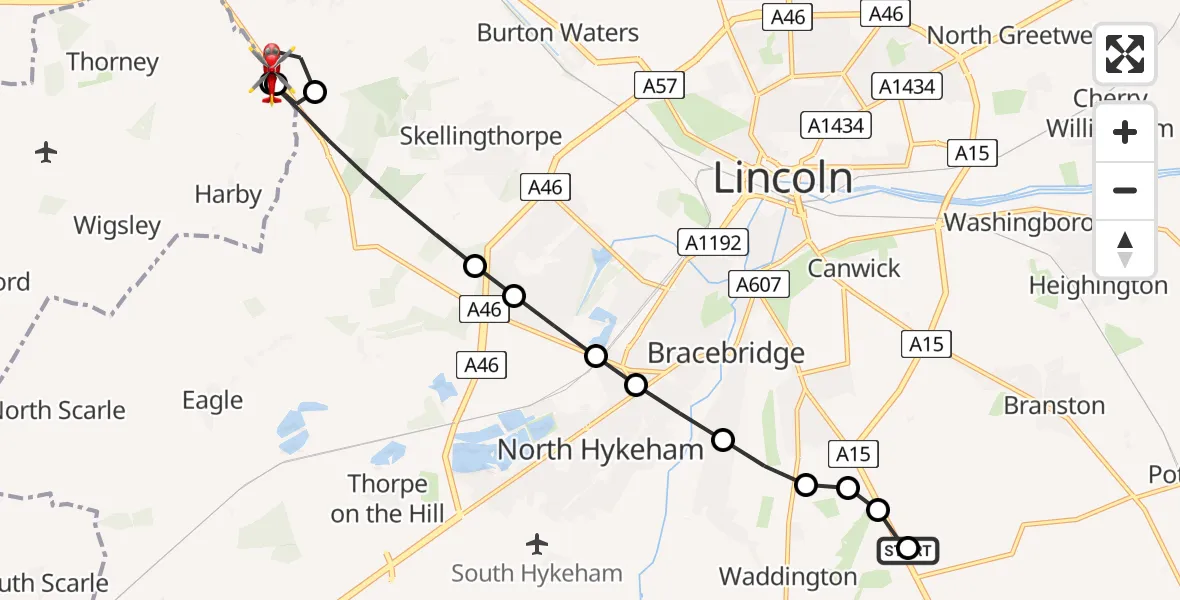 Flight route Air Ambulance Helicopter RAF Waddington - West Lindsey, 27 July 2026, 11:25