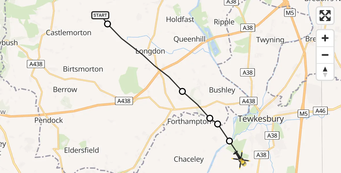 Flight route Police Helicopter Castlemorton - Tewkesbury, 27 July 2026, 11:29
