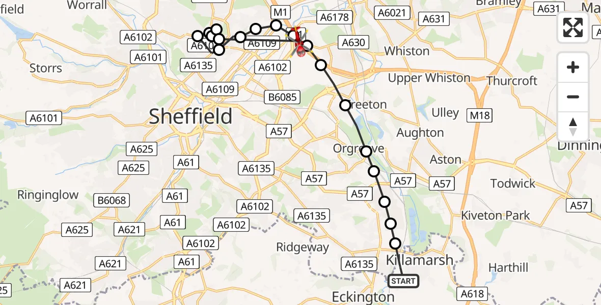 Flight route Air Ambulance Helicopter Killamarsh - Brinsworth, 27 July 2026, 11:31