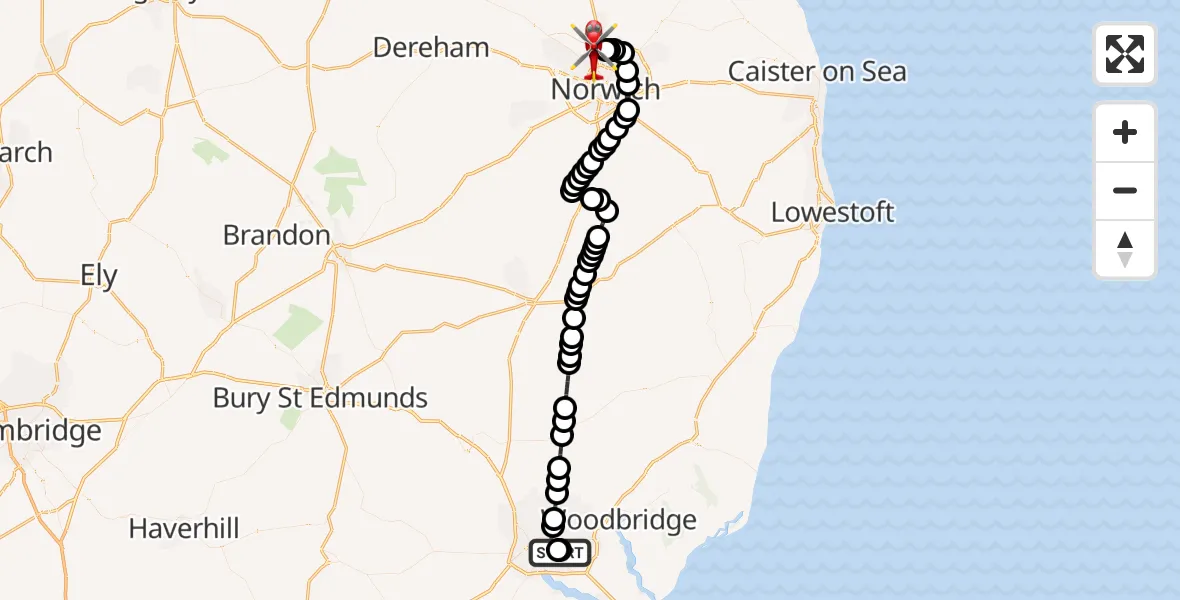 Flight route Air Ambulance Helicopter Ipswich Hospital - Norwich Airport, 27 July 2026, 11:32