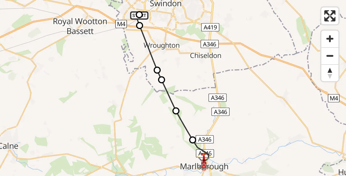 Flight route Air Ambulance Helicopter Swindon - Marlborough, 27 July 2026, 11:41