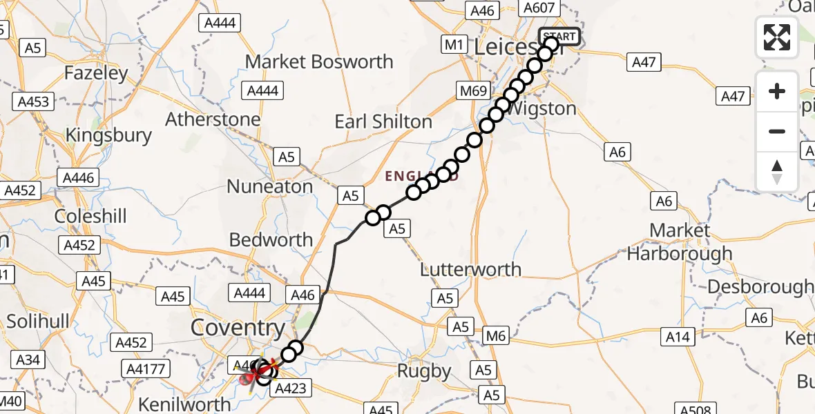 Flight route Air Ambulance Helicopter Humberstone - Coventry Airport, 27 July 2026, 11:56