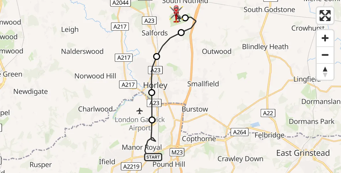 Flight route Air Ambulance Helicopter Crawley - Redhill Aerodrome, 27 July 2026, 12:04