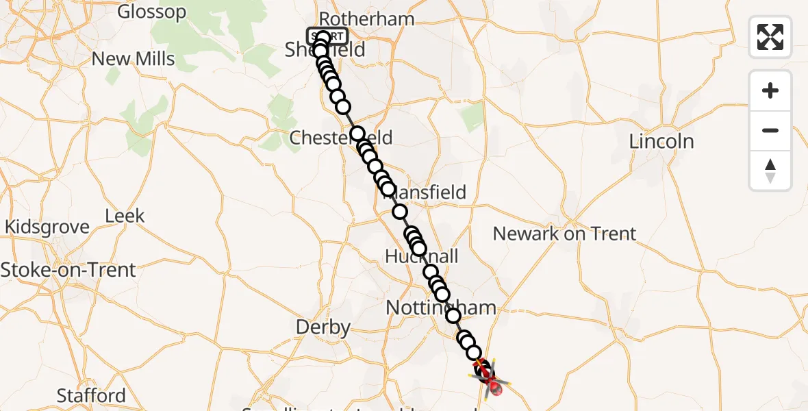 Flight route Air Ambulance Helicopter Pitsmoor - Rushcliffe, 27 July 2026, 12:08
