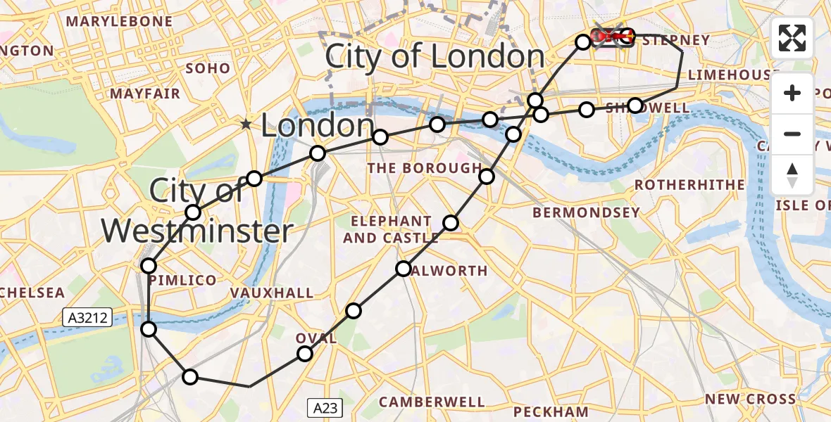 Flight route Air Ambulance Helicopter Royal London Hospital - Royal London Hospital, 27 July 2026, 12:09