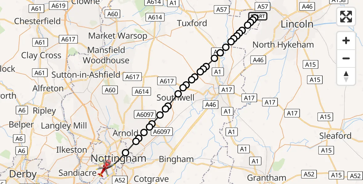 Flight route Air Ambulance Helicopter West Lindsey - City of Nottingham, 27 July 2026, 12:12