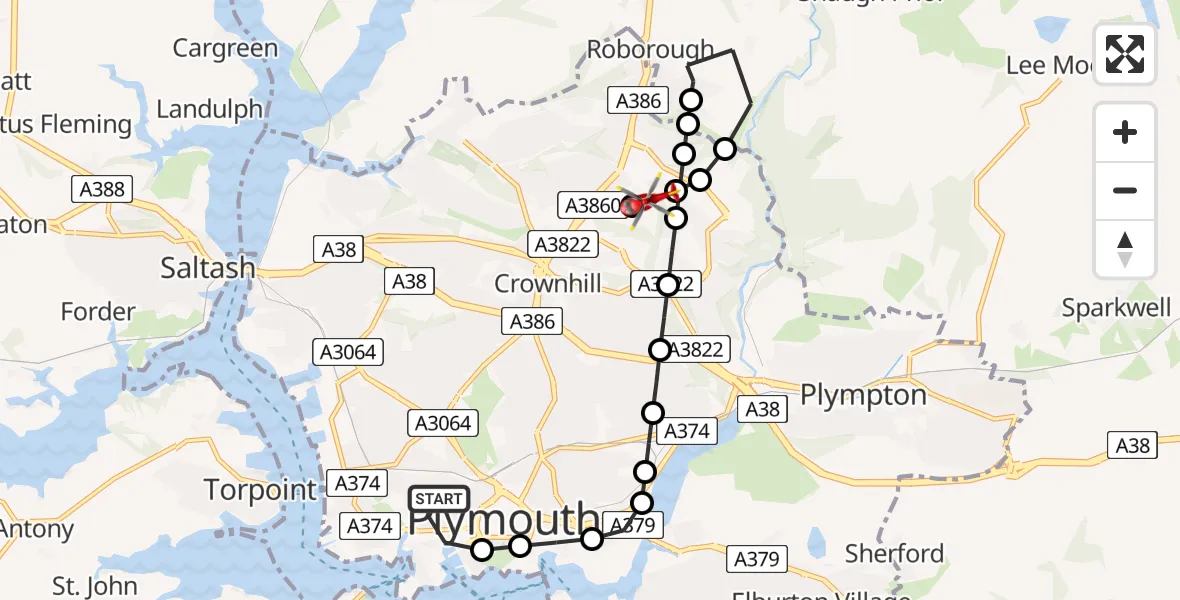 Flight route Air Ambulance Helicopter Stonehouse - Crownhill, 27 July 2026, 12:26