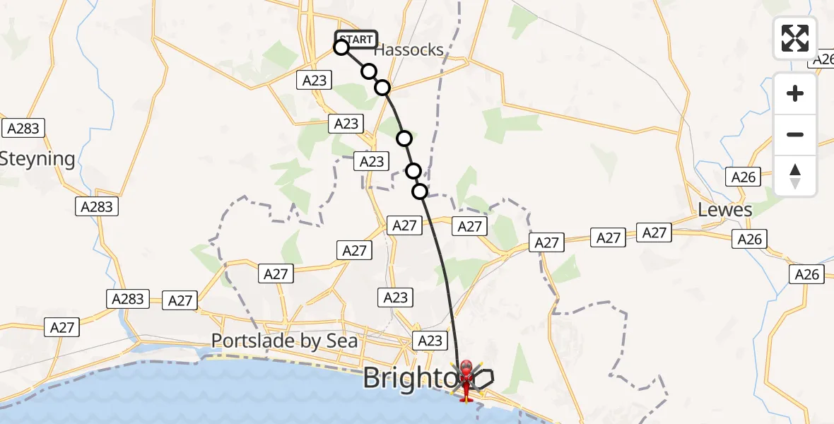 Flight route Air Ambulance Helicopter Hurstpierpoint - Brighton, 27 July 2026, 12:37