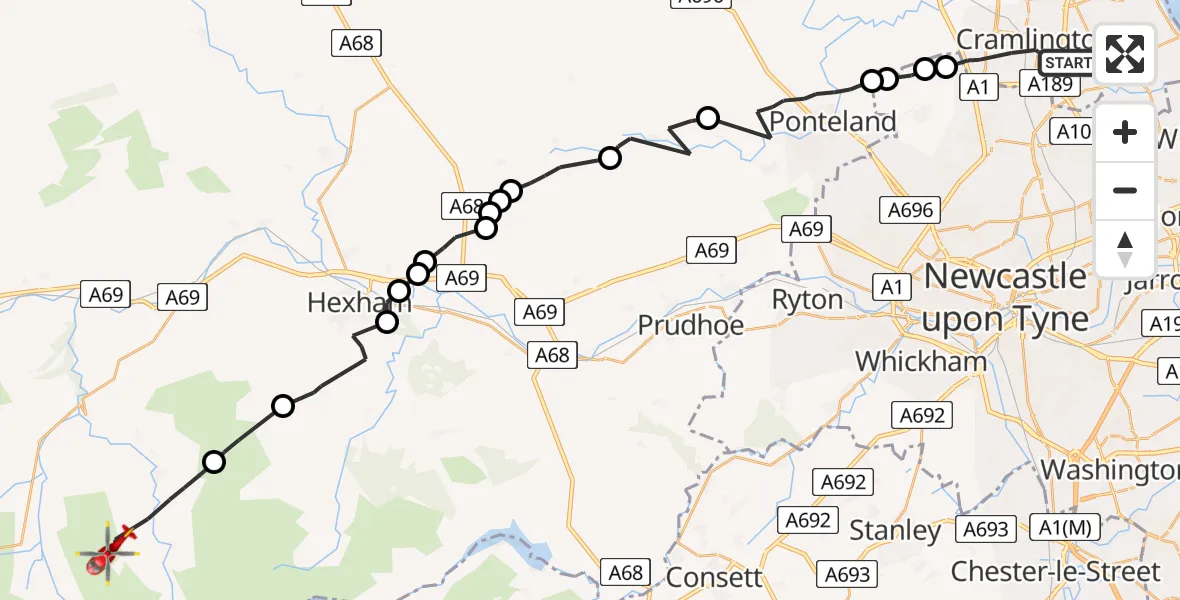 Flight route Air Ambulance Helicopter Cramlington - Allendale, 27 July 2026, 12:37