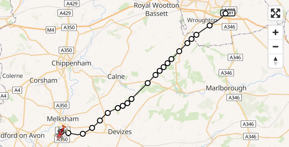 Flight route Air Ambulance Helicopter Great Western Hospital - Wiltshire Air Ambulance, 27 July 2026, 12:54