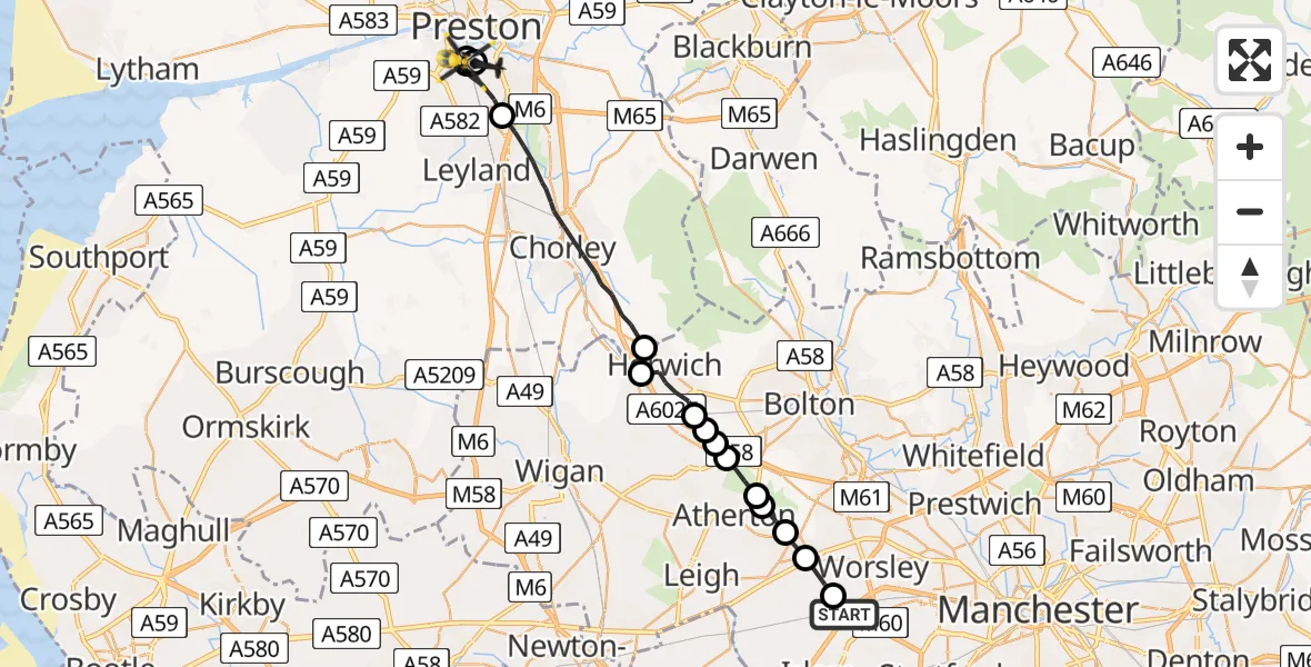 Flight route Police Helicopter Irlam - Lostock Hall, 27 July 2026, 13:02