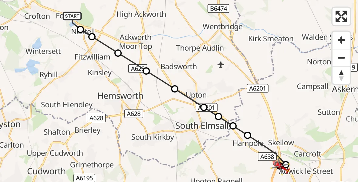 Flight route Air Ambulance Helicopter YAA Nostell Helicopter Port - Adwick le Street, 27 July 2026, 13:04