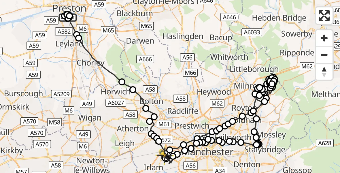 Flight route Police Helicopter Penwortham - Irlam, 27 July 2026, 13:16
