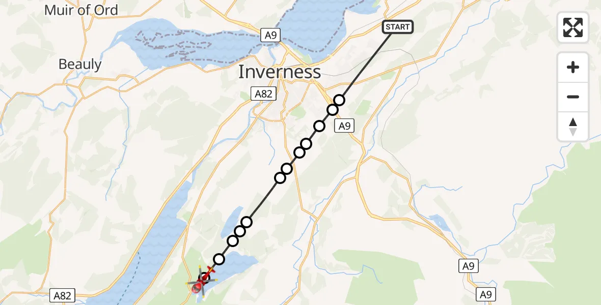 Flight route Air Ambulance Helicopter Inverness - Loch Duntelchaig, 27 July 2026, 13:19