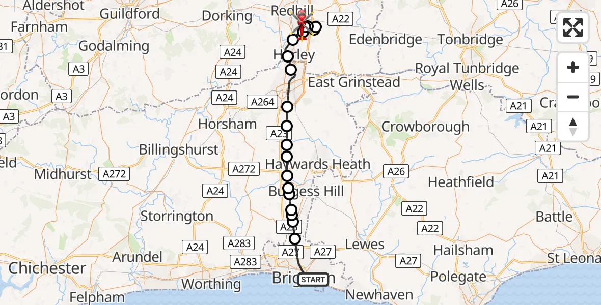 Flight route Air Ambulance Helicopter Brighton - Redhill Aerodrome, 27 July 2026, 13:20