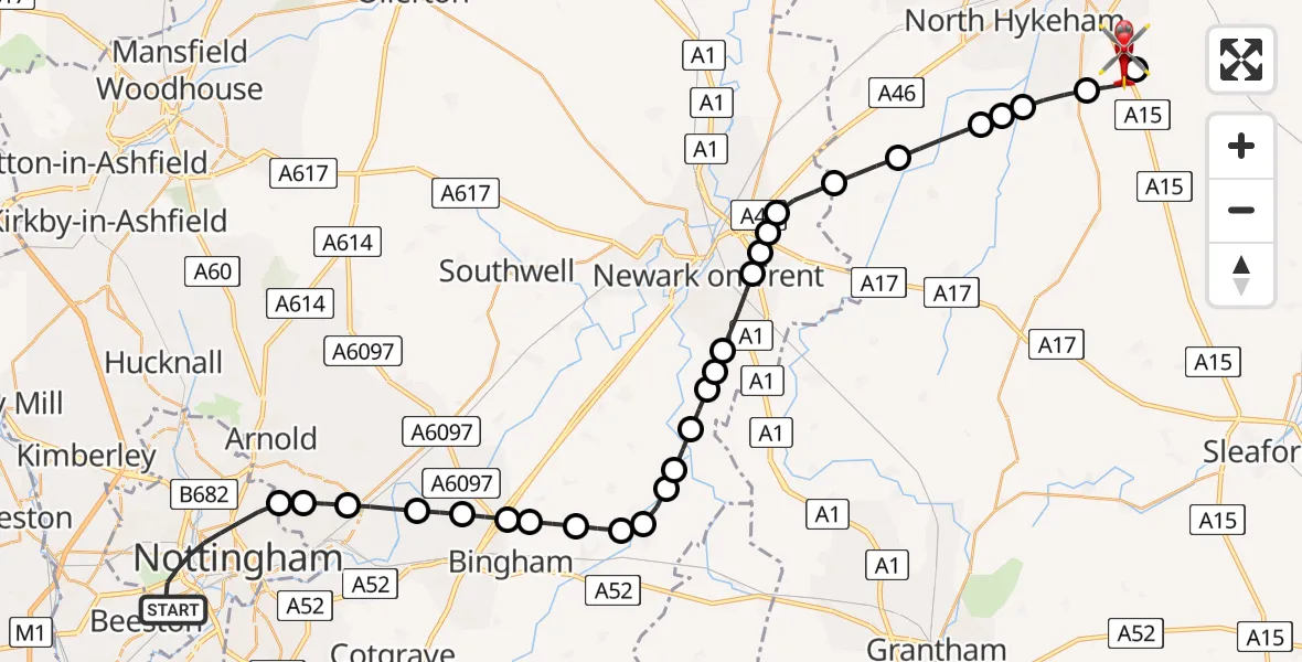 Flight route Air Ambulance Helicopter City of Nottingham - North Kesteven, 27 July 2026, 13:21