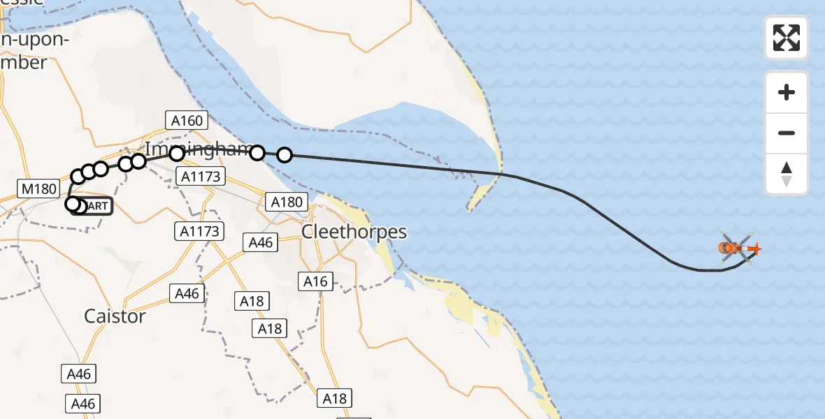 Flight route Coastguard Helicopter Humberside Airport - North Sea, 27 July 2026, 13:29