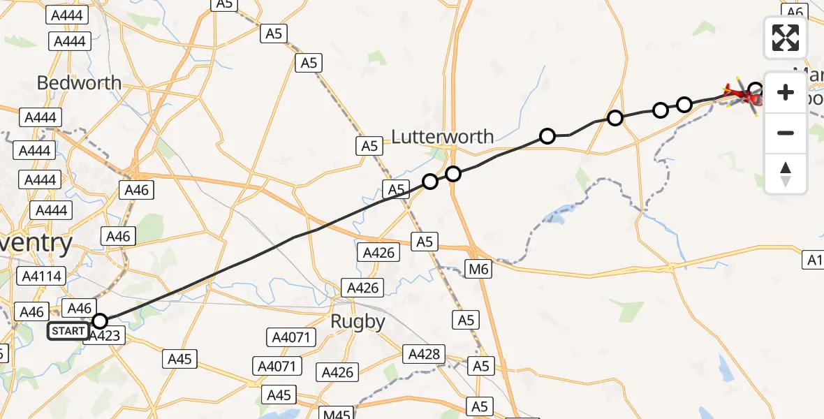 Flight route Air Ambulance Helicopter Coventry Airport - Lubenham, 27 July 2026, 13:45