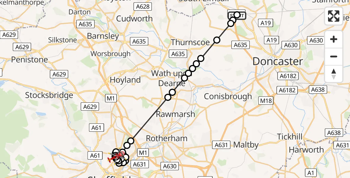 Flight route Air Ambulance Helicopter Skellow - Sheffield Northern Hospital, 27 July 2026, 13:50