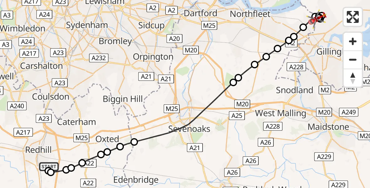 Flight route Air Ambulance Helicopter Redhill Aerodrome - Rochester, 27 July 2026, 13:51