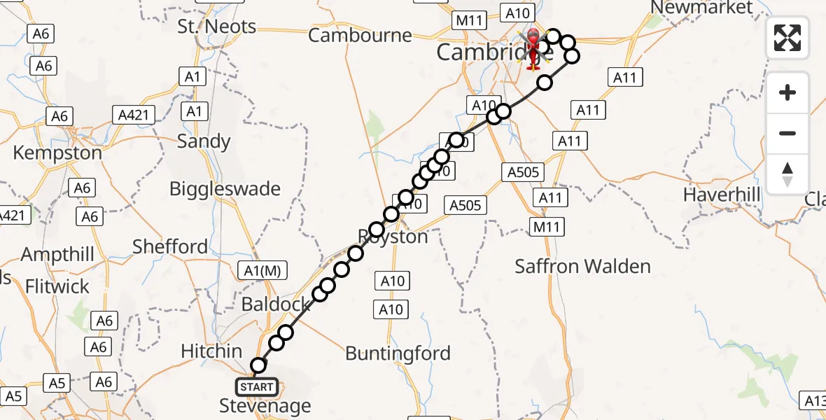 Flight route Air Ambulance Helicopter Stevenage - Cambridge City Airport, 27 July 2026, 13:55