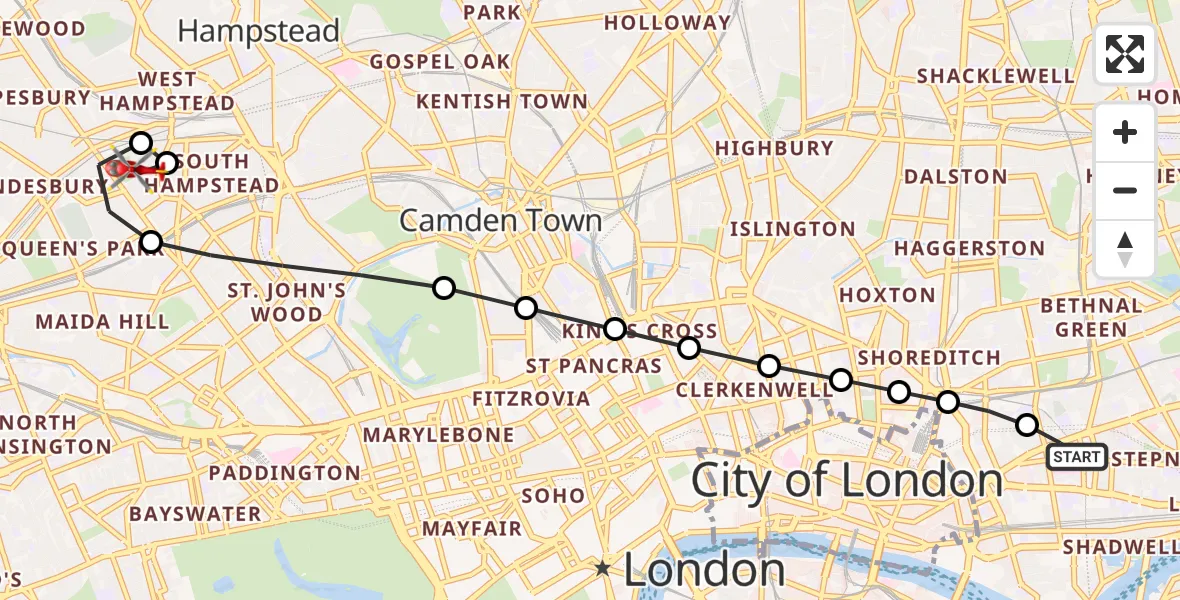 Flight route Air Ambulance Helicopter Royal London Hospital - South Hampstead, 27 July 2026, 14:02