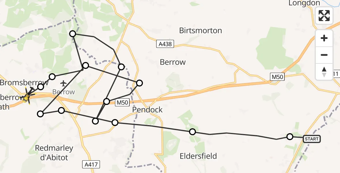 Flight route Police Helicopter Eldersfield - Bromsberrow, 27 July 2026, 14:04