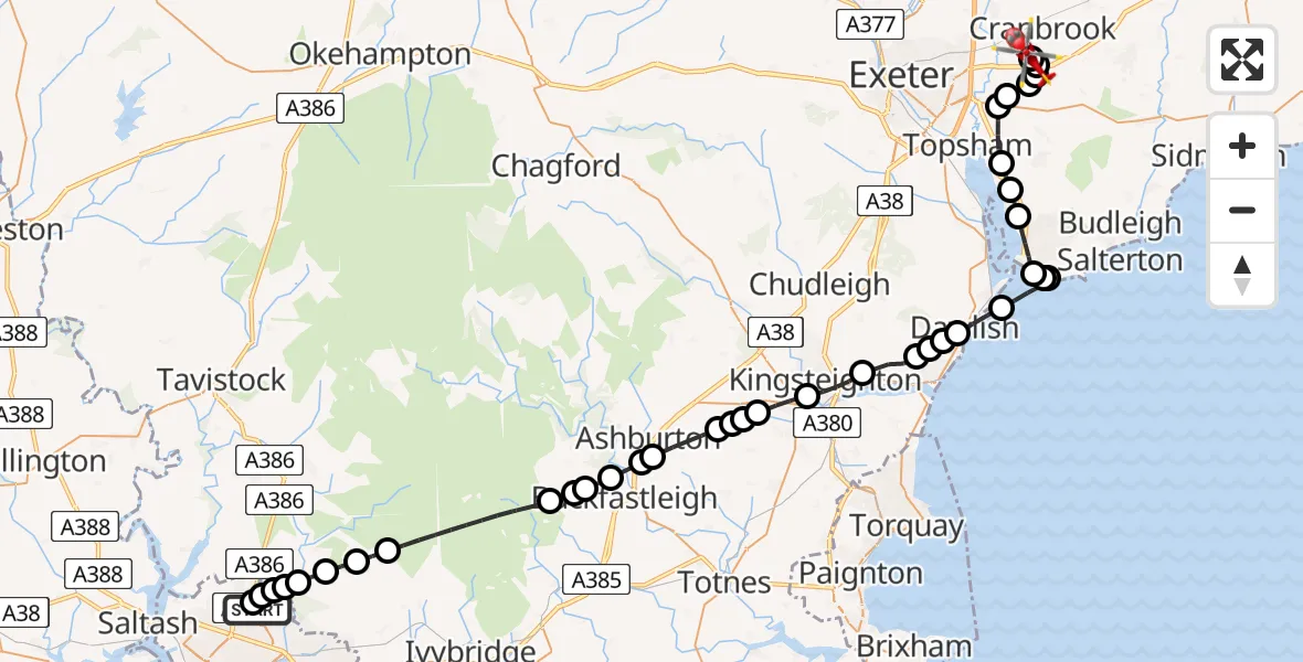 Flight route Air Ambulance Helicopter Derriford Hospital - Exeter International Airport, 27 July 2026, 14:17