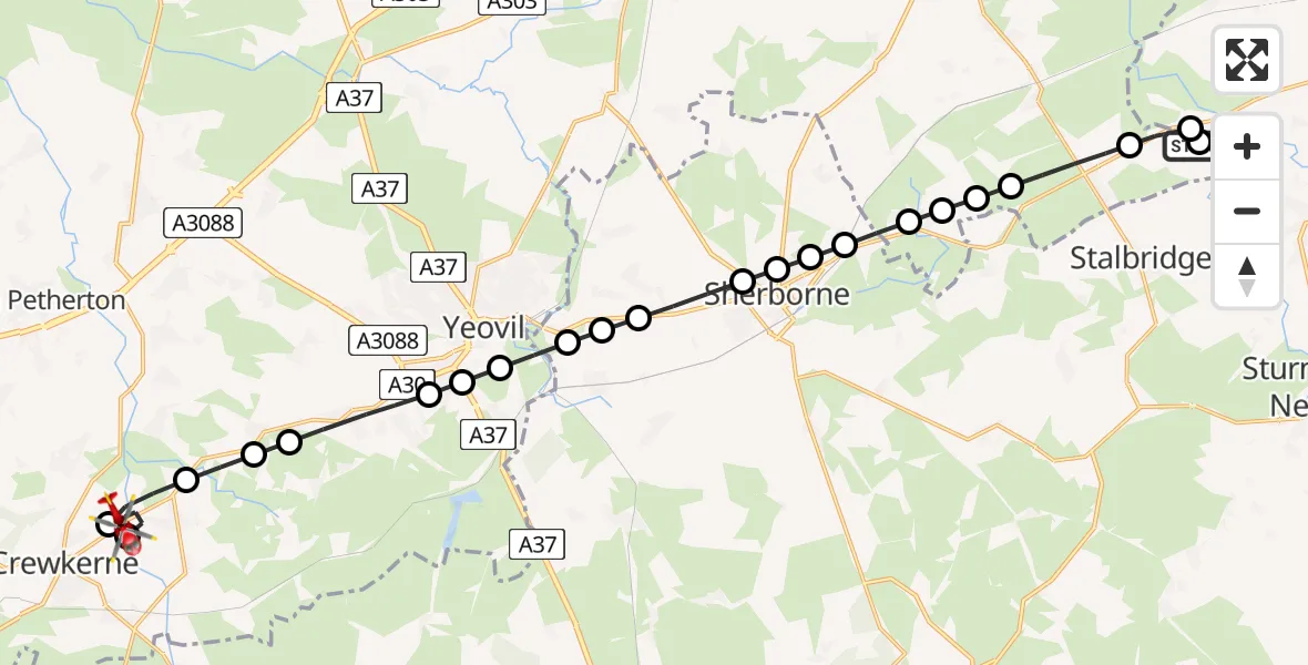 Flight route Air Ambulance Helicopter Henstridge Airfield - Haselbury Plucknett, 27 July 2026, 14:29