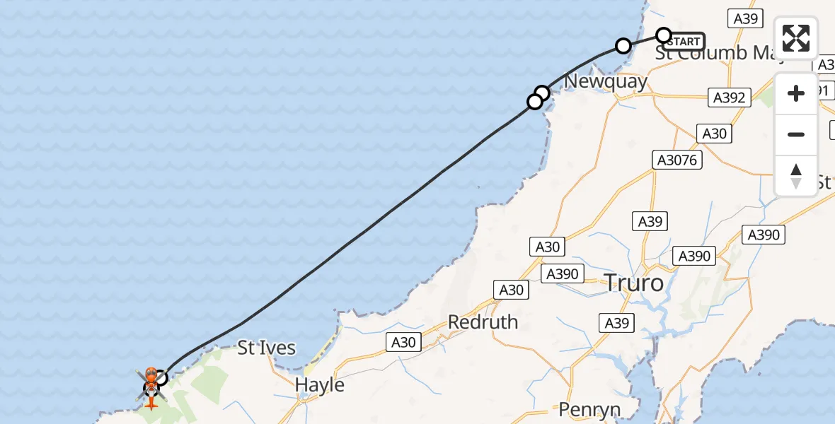 Flight route Coastguard Helicopter Cornwall Airport Newquay - Morvah, 27 July 2026, 14:30