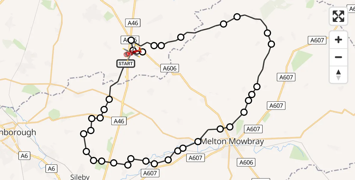 Flight route Air Ambulance Helicopter Willoughby on the Wolds - Nottingham Heliport, 27 July 2026, 14:38