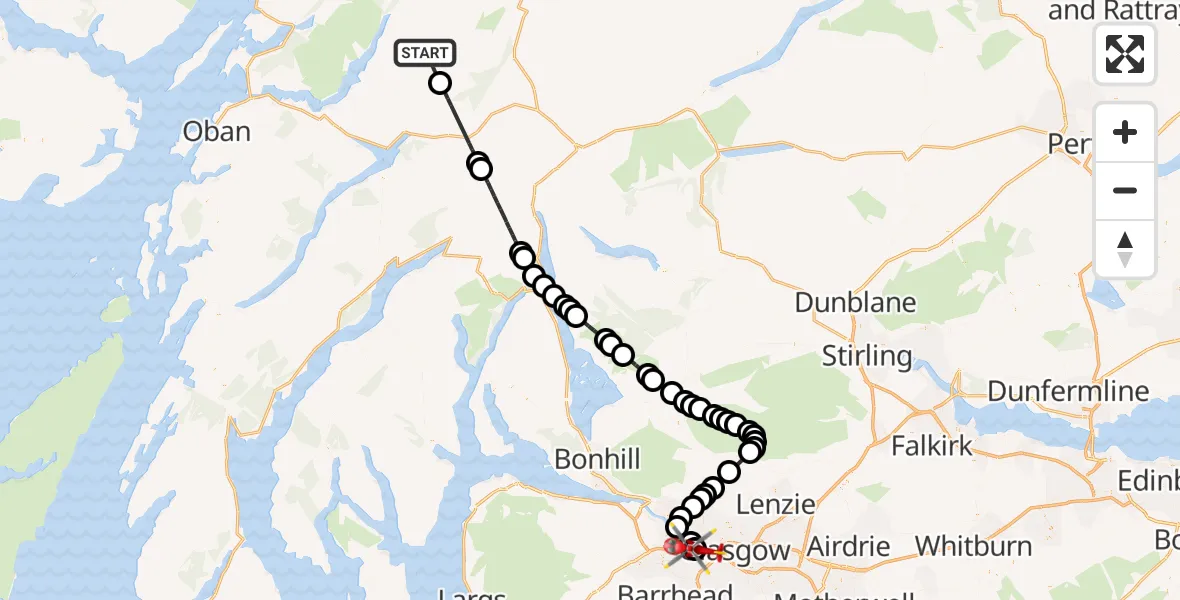Flight route Air Ambulance Helicopter Coire a' Bhinnein - Queen Elizabeth Hospital, 27 July 2026, 14:40