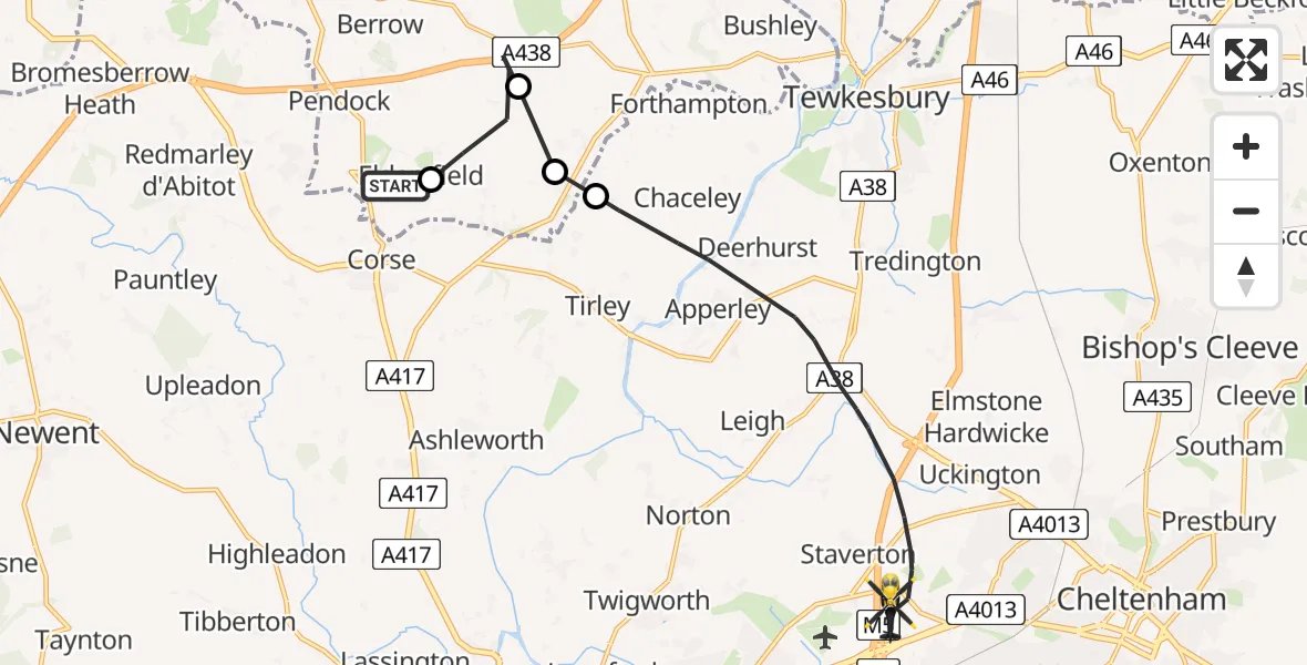 Flight route Police Helicopter Eldersfield - Tewkesbury, 27 July 2026, 14:41