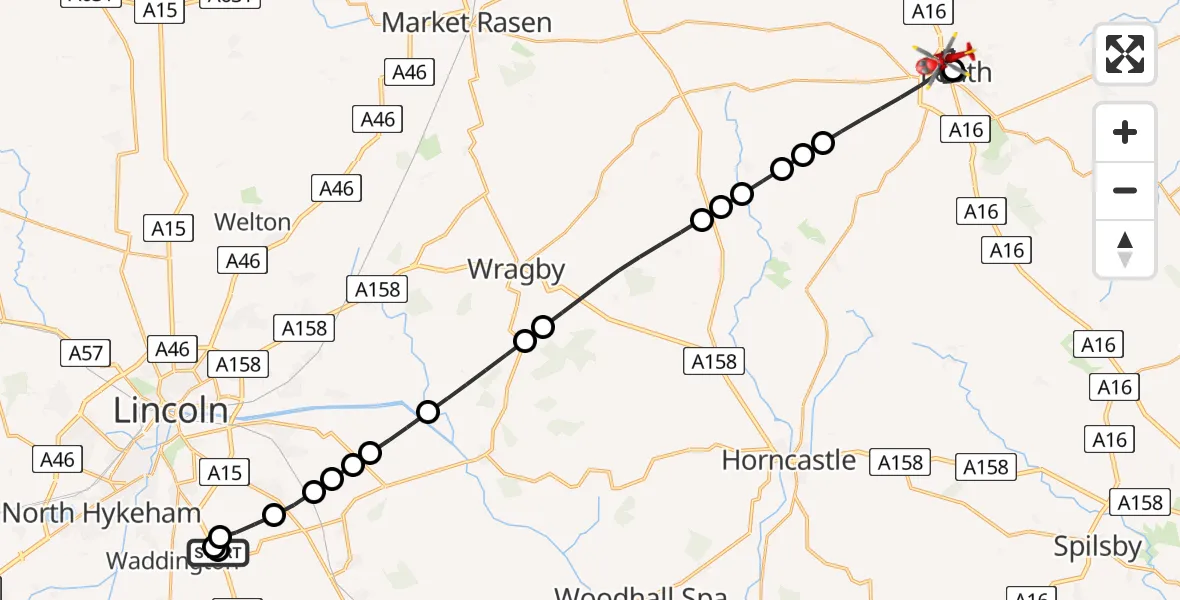 Flight route Air Ambulance Helicopter RAF Waddington - Louth, 27 July 2026, 14:46
