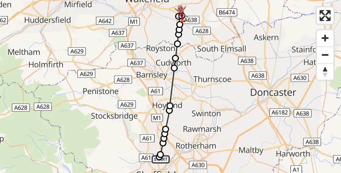 Flight route Air Ambulance Helicopter Sheffield Northern Hospital - YAA Nostell Helicopter Port, 27 July 2026, 14:54