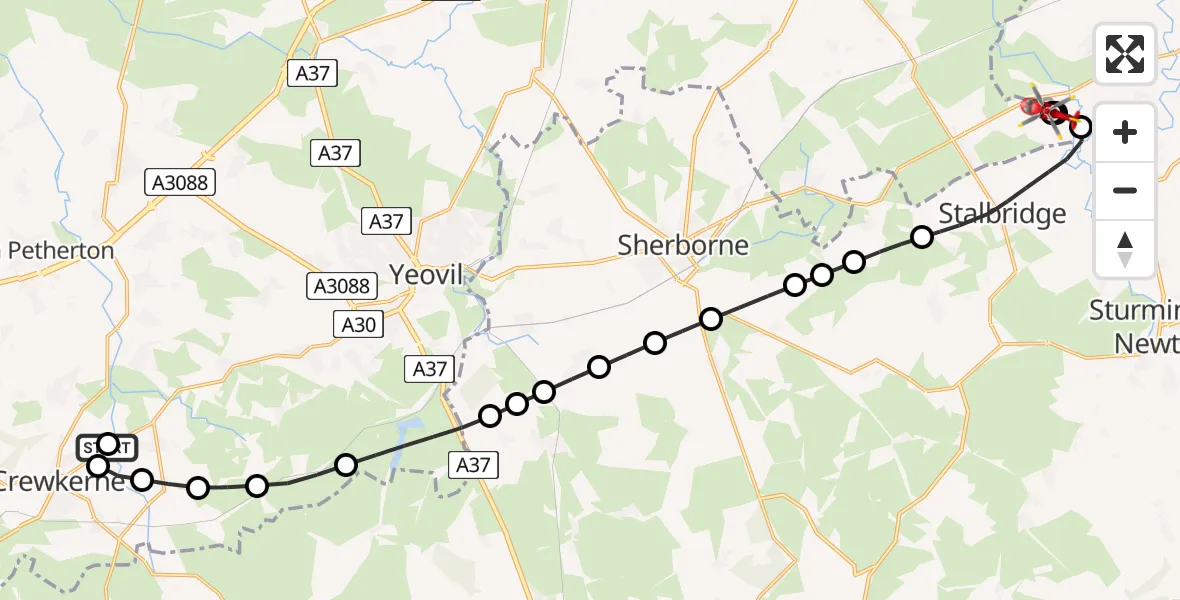 Flight route Air Ambulance Helicopter Merriott - Henstridge Airfield, 27 July 2026, 15:06