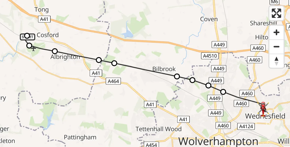 Flight route Air Ambulance Helicopter RAF Cosford - Wednesfield, 27 July 2026, 15:06