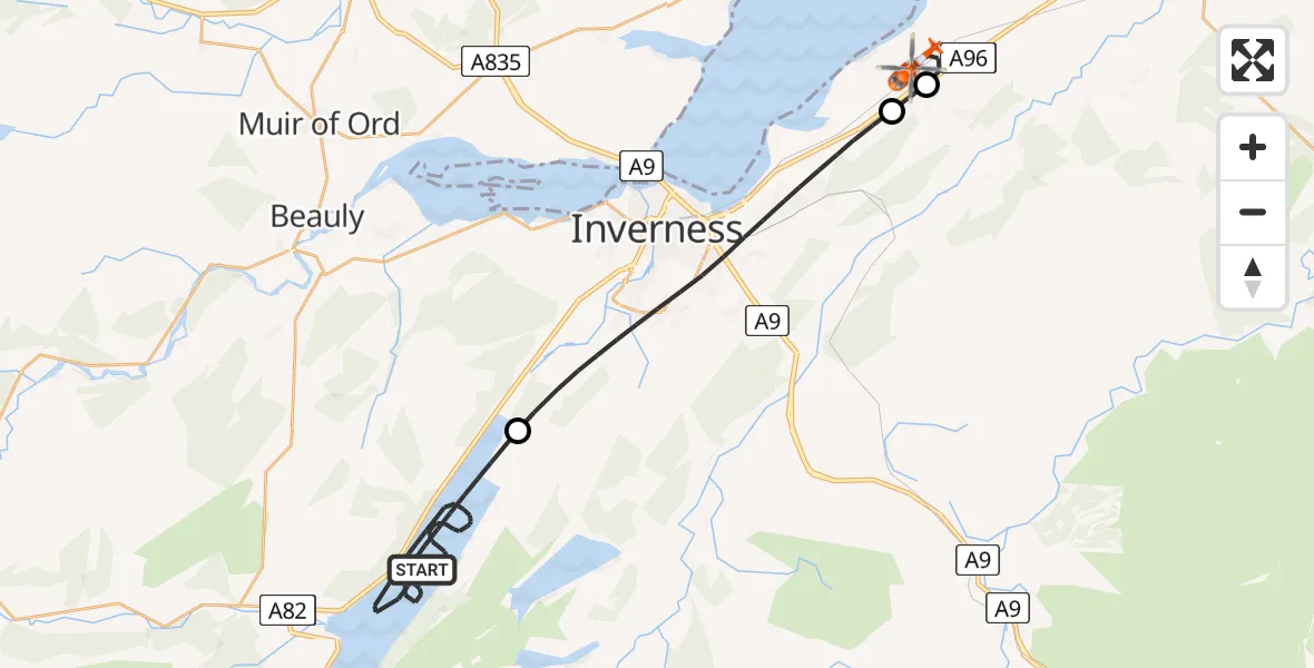 Flight route Coastguard Helicopter Loch Ness - Inverness Airport, 27 July 2026, 15:07