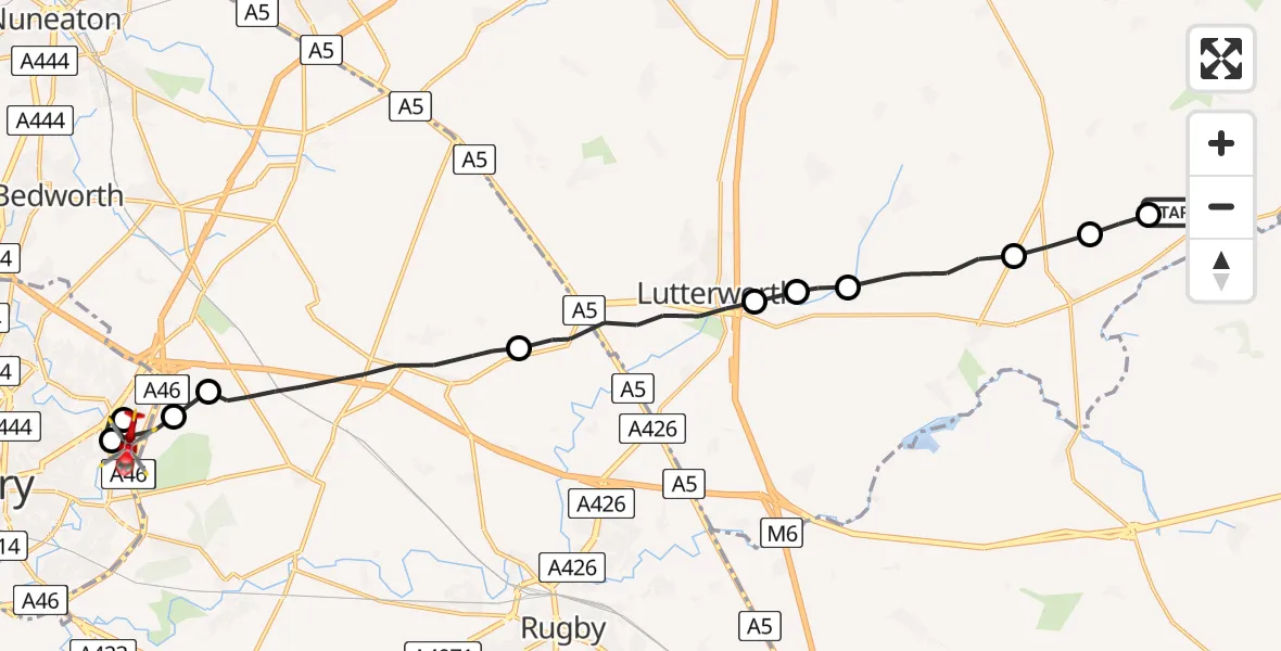Flight route Air Ambulance Helicopter Harborough - Walsgrave, 27 July 2026, 15:09