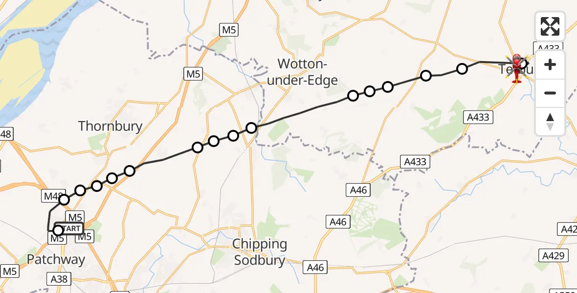Flight route Air Ambulance Helicopter Almondsbury Helicopter Base - Tetbury, 27 July 2026, 15:26