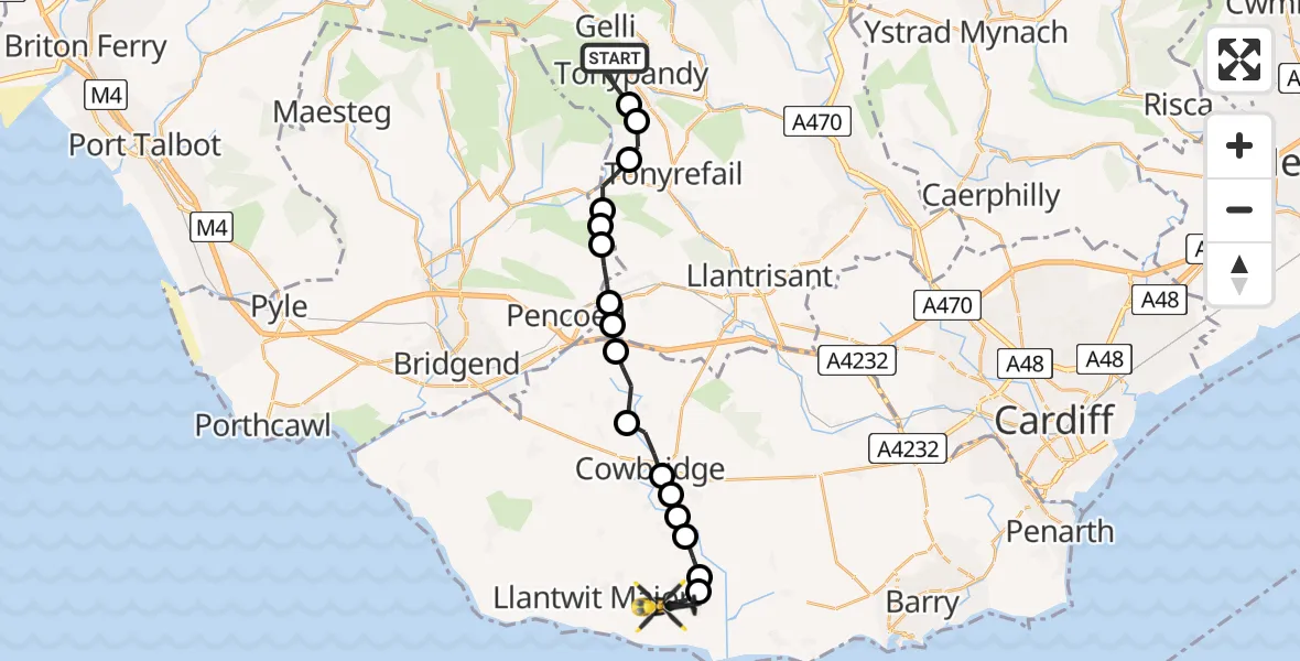 Flight route Police Helicopter Clydach Vale - MOD St Athan, 27 July 2026, 15:28