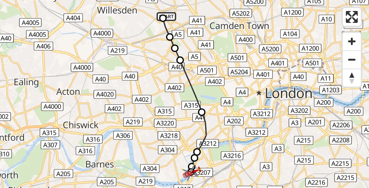 Flight route Air Ambulance Helicopter Kilburn - London Heliport, 27 July 2026, 15:28